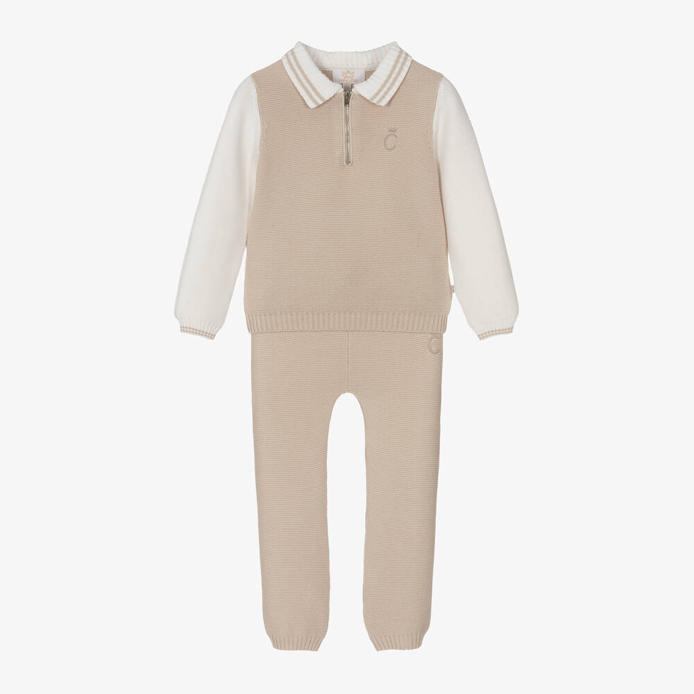 Caramelo Kids - Boys Beige Cotton Knit Trouser Set | Childrensalon