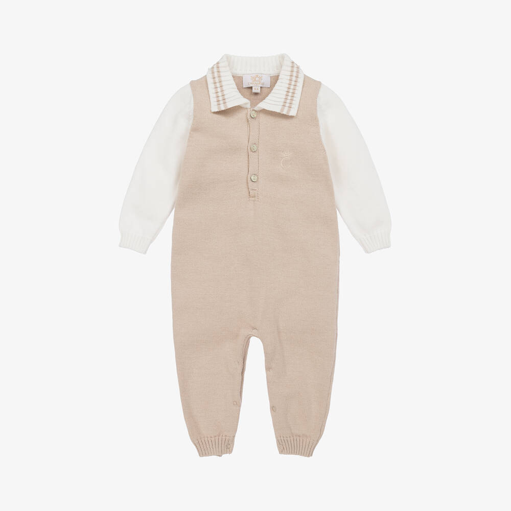 Caramelo Kids - Boys Beige Knitted Polo Romper | Childrensalon