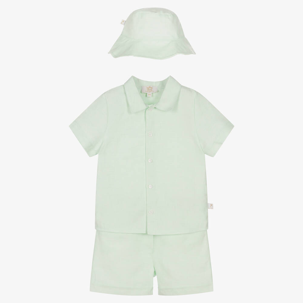 Shop Caramelo Boys Green Linen & Cotton Shorts Set