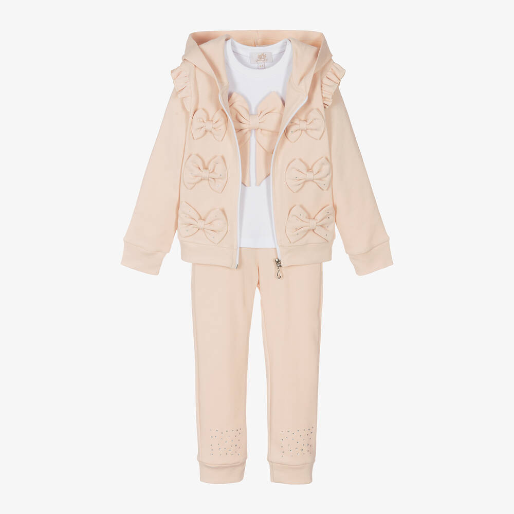 Caramelo Kids - Girls Beige Cotton Bow Tracksuit Set | Childrensalon