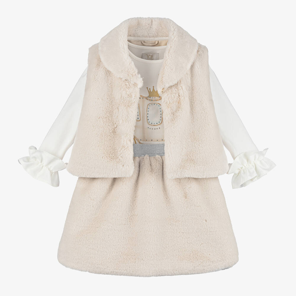 Caramelo Kids - Girls Beige Faux Fur Skirt Set | Childrensalon