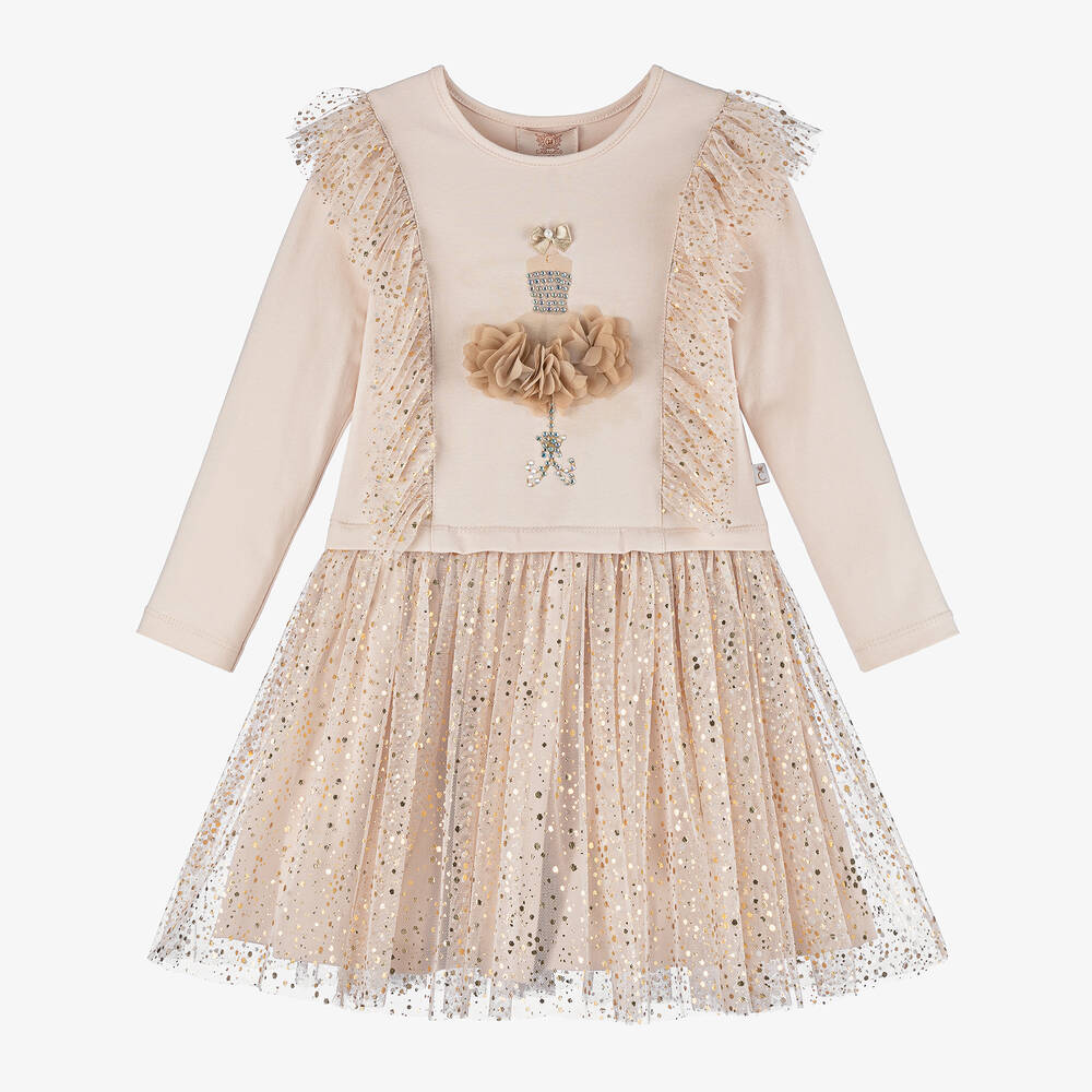 Caramelo Kids - Girls Beige Jersey & Tulle Dress | Childrensalon