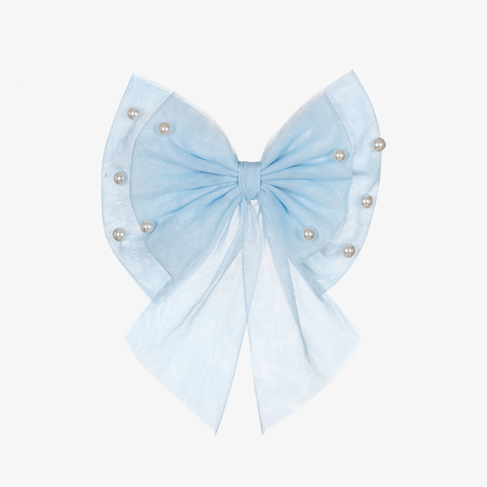 Caramelo Kids - Girls Blue Tulle Bow Hair Clip (16cm) | Childrensalon