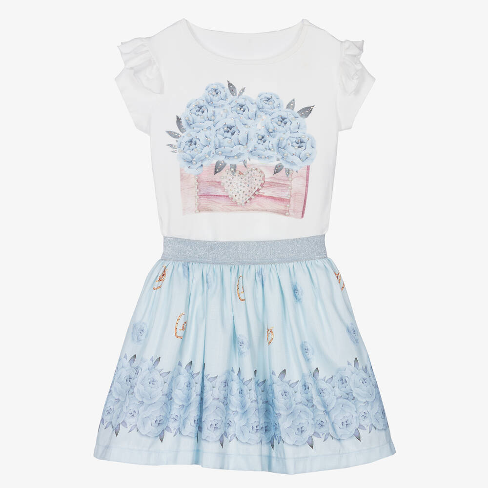 Caramelo Kids - Girls Blue & White Flower Print Skirt Set | Childrensalon
