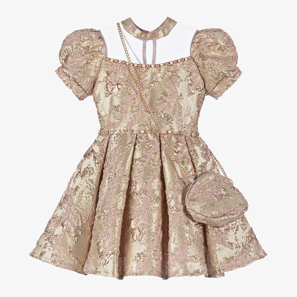 Caramelo Kids - Girls Gold & Pink Jacquard Dress Set | Childrensalon