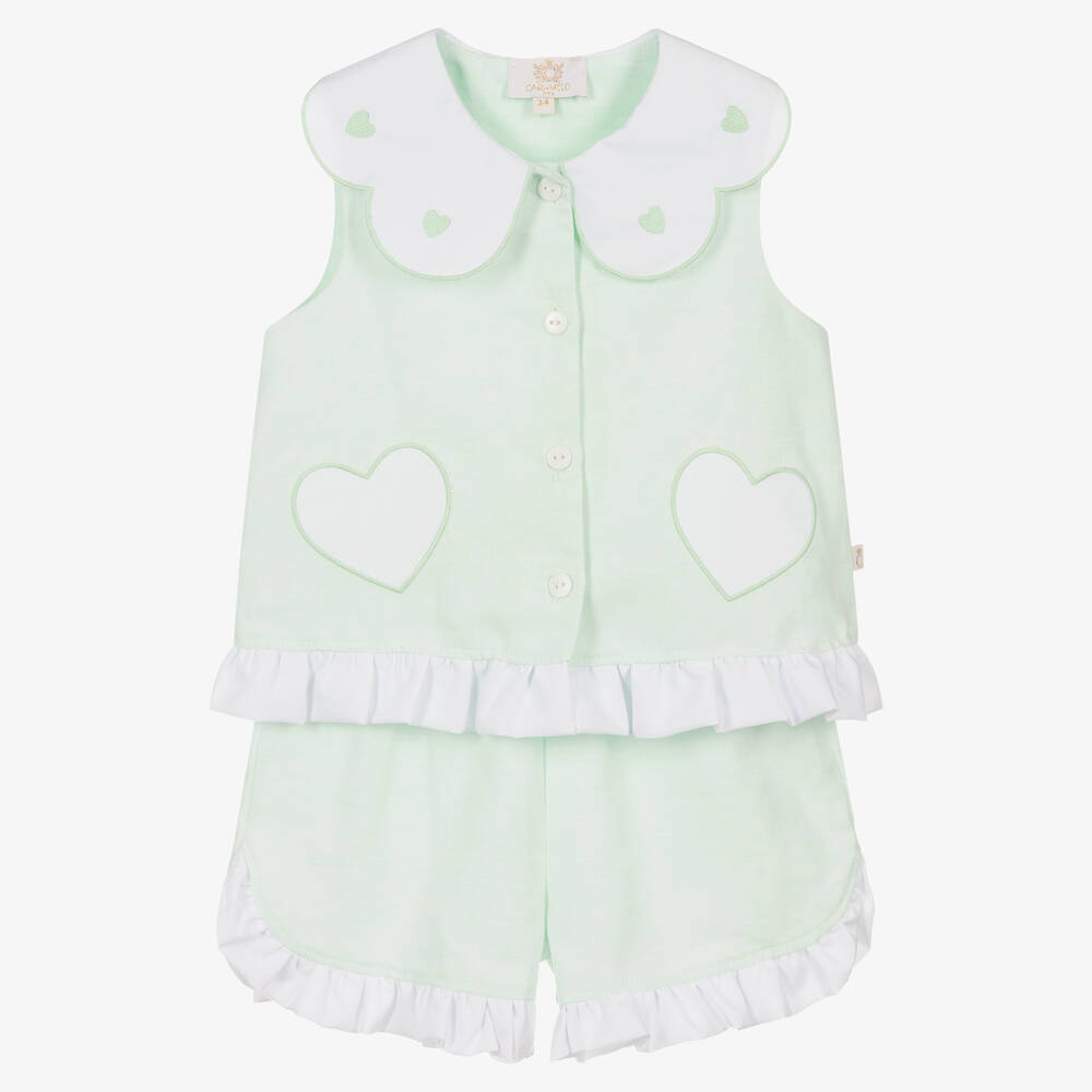 Caramelo Babies' Girls Green Cotton & Linen Shorts Set