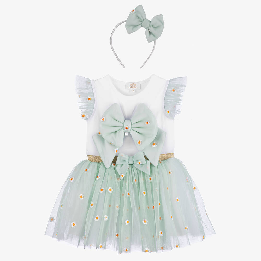 Caramelo Kids - Girls Green Daisy Tulle Skirt Set | Childrensalon