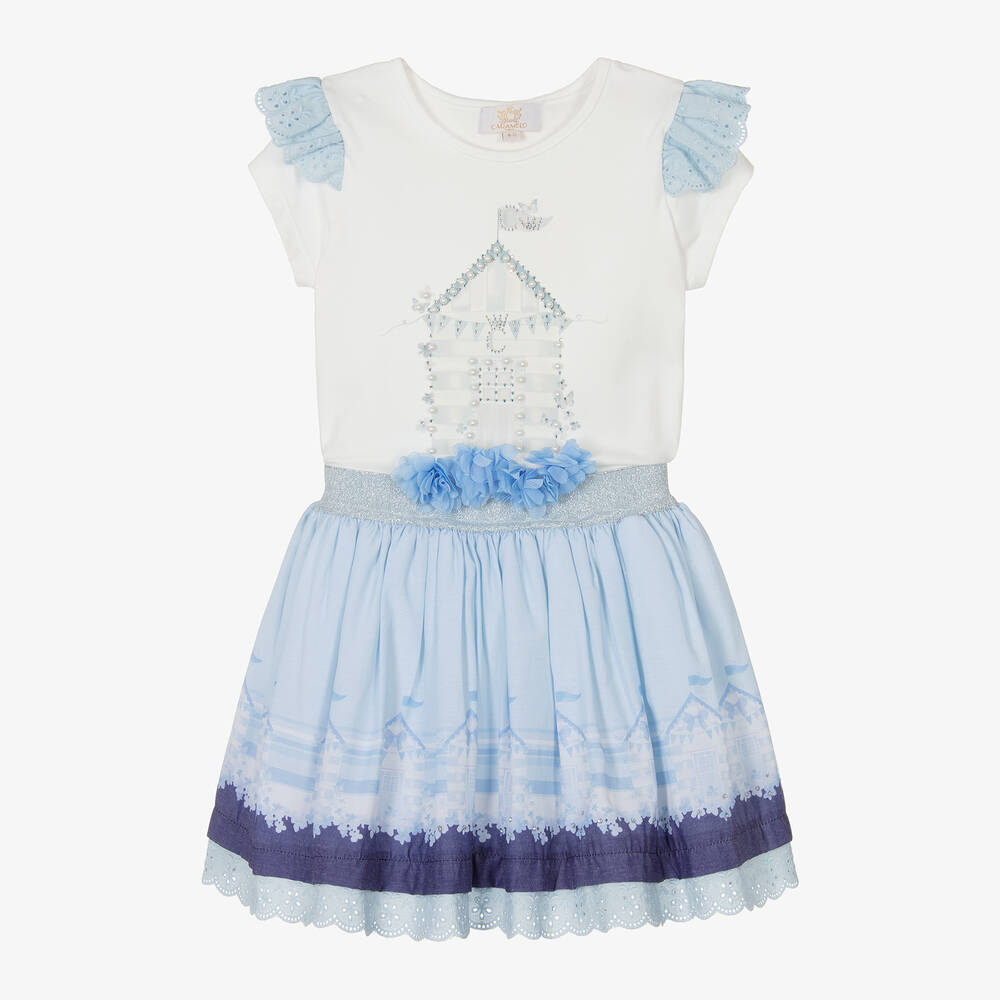 Caramelo Kids - Girls Ivory & Blue Skirt Set | Childrensalon