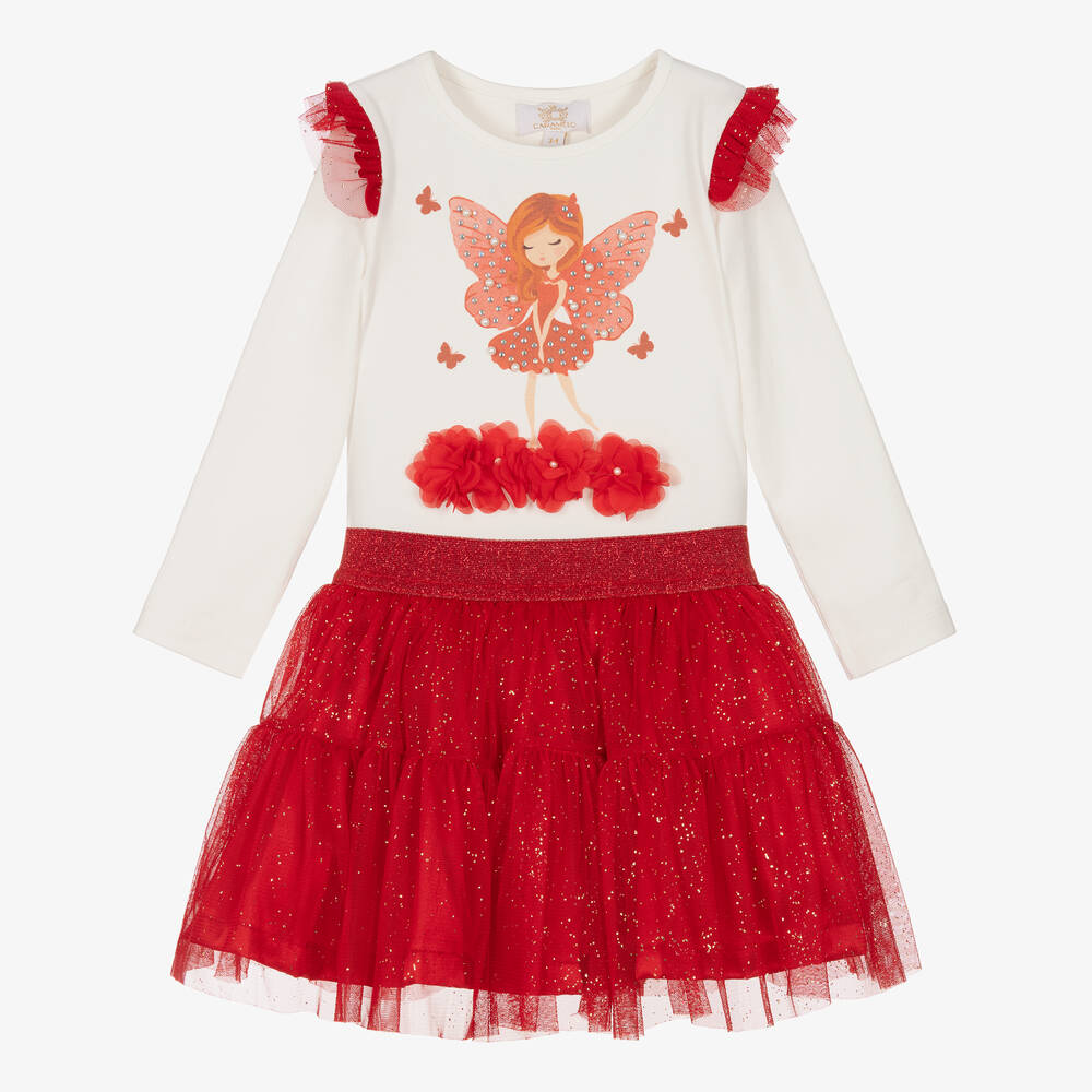Caramelo Kids - Кремовый топ с феей и красная юбка из тюля | Childrensalon