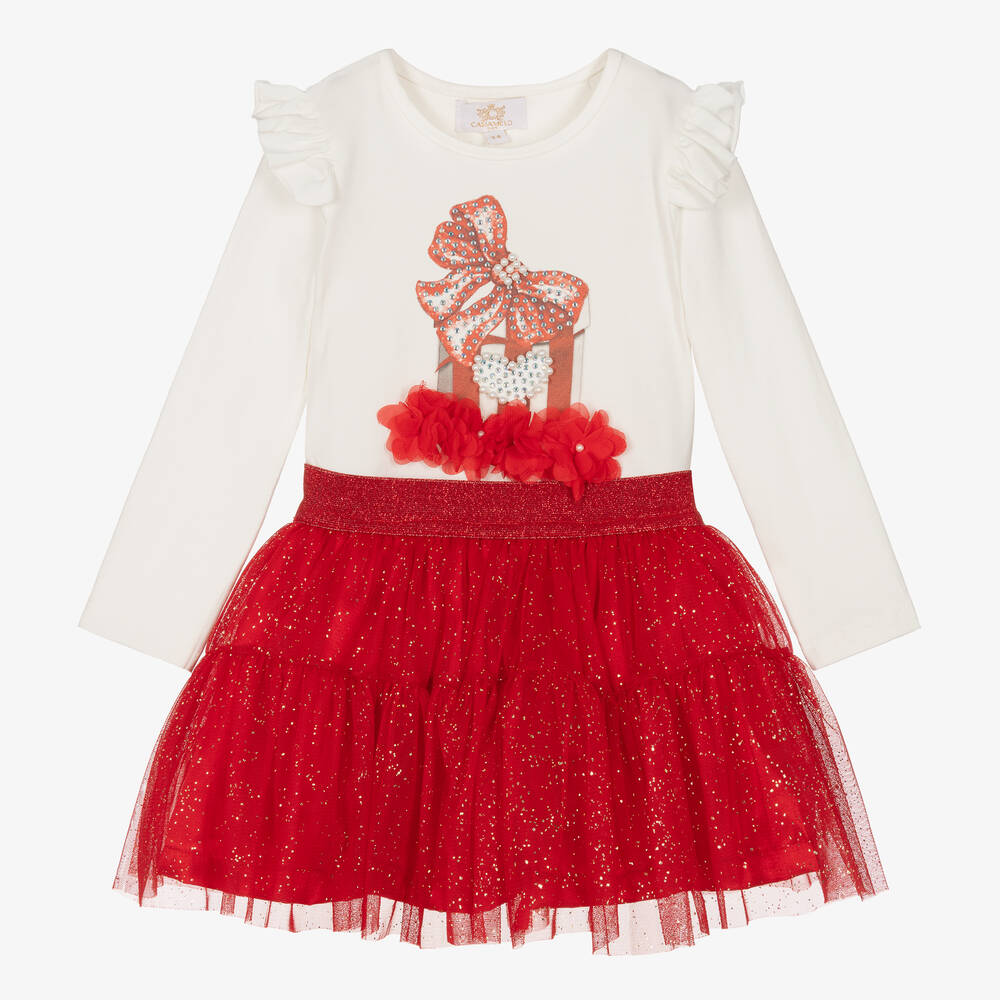 Caramelo Kids - Girls Ivory & Red Tulle Skirt Set | Childrensalon