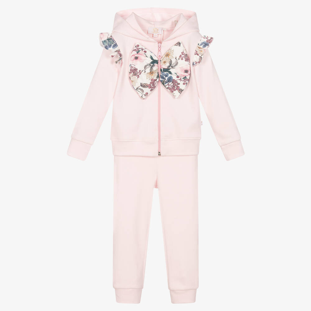 Caramelo Kids - Girls Pink Cotton Floral Bow Tracksuit | Childrensalon