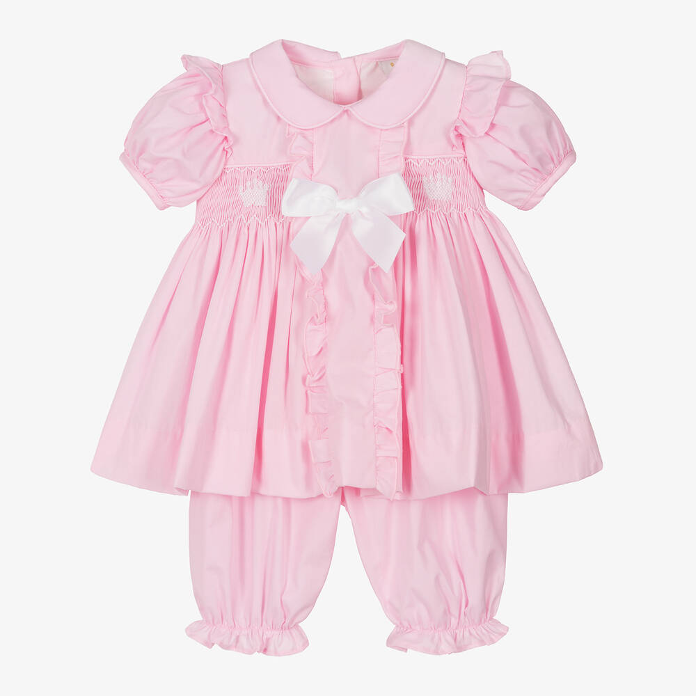 Caramelo Kids - Розовое хлопковое платье c присборенной вышивкой для девочек | Childrensalon