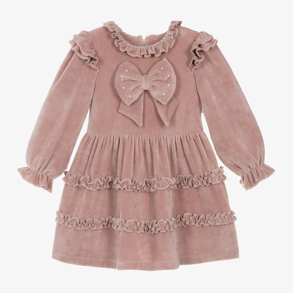 Caramelo Kids - Girls Pink Pearl Bow Velour Dress | Childrensalon