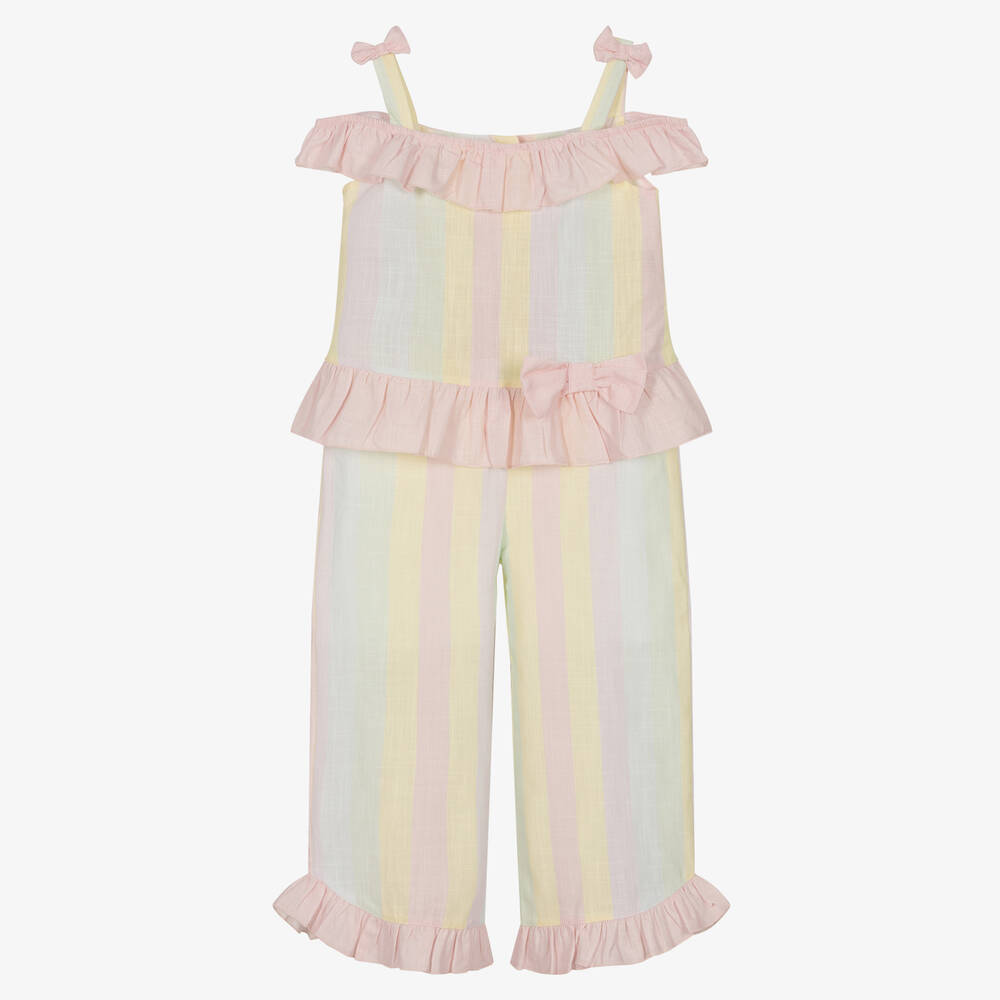 Caramelo Kids - Girls Pink Stripe Cotton Trouser Set | Childrensalon