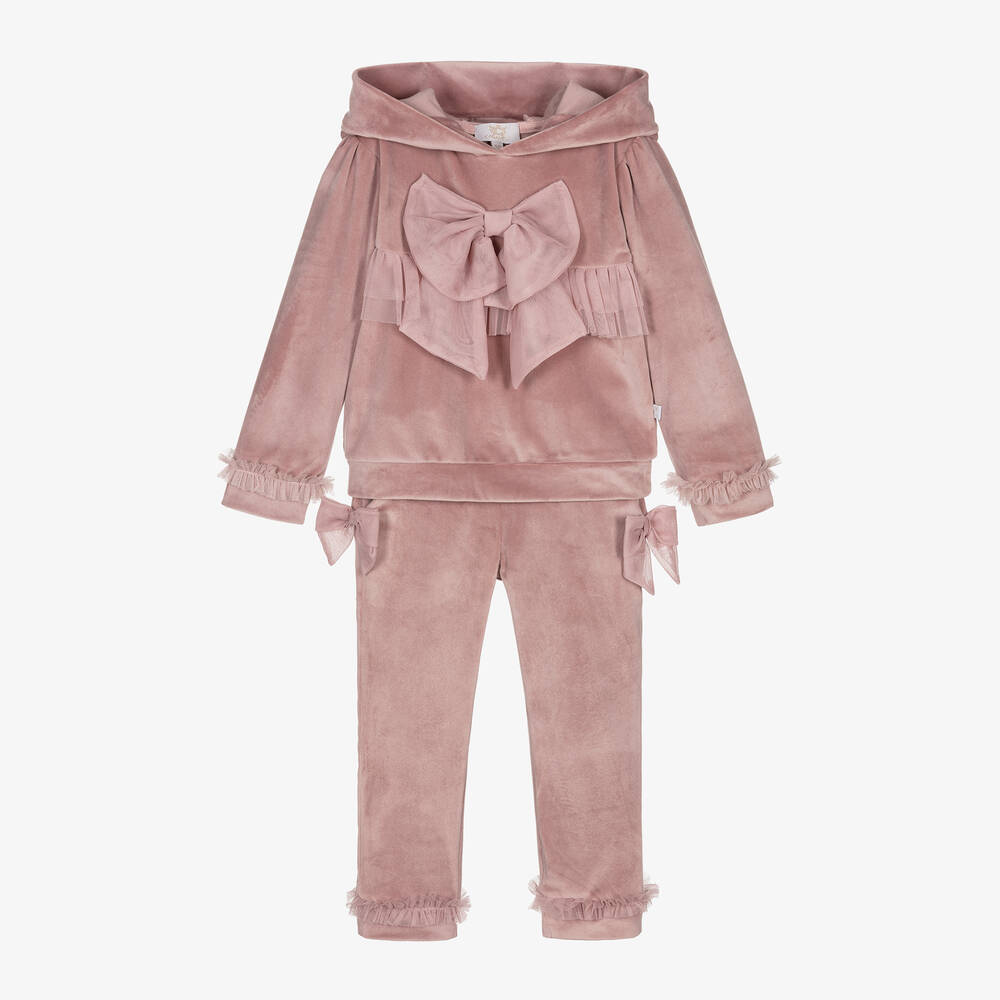 Caramelo Kids - Girls Pink Velour & Tulle Bow Tracksuit | Childrensalon