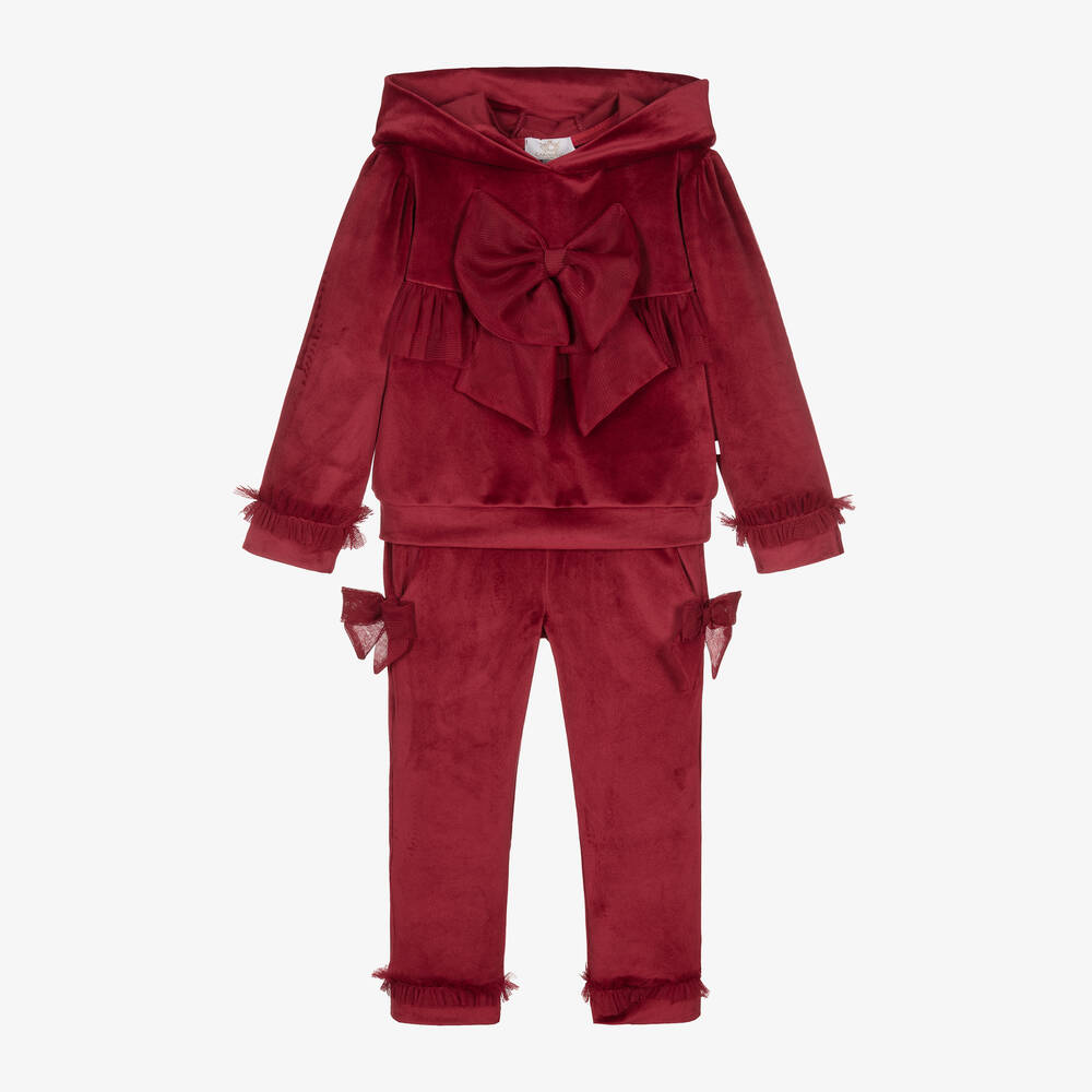 Caramelo Kids - Girls Red Velour & Tulle Bow Tracksuit | Childrensalon