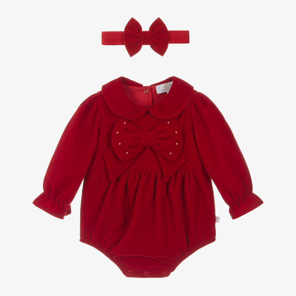 Caramelo Kids - Girls Red Velvet Babysuit Set | Childrensalon