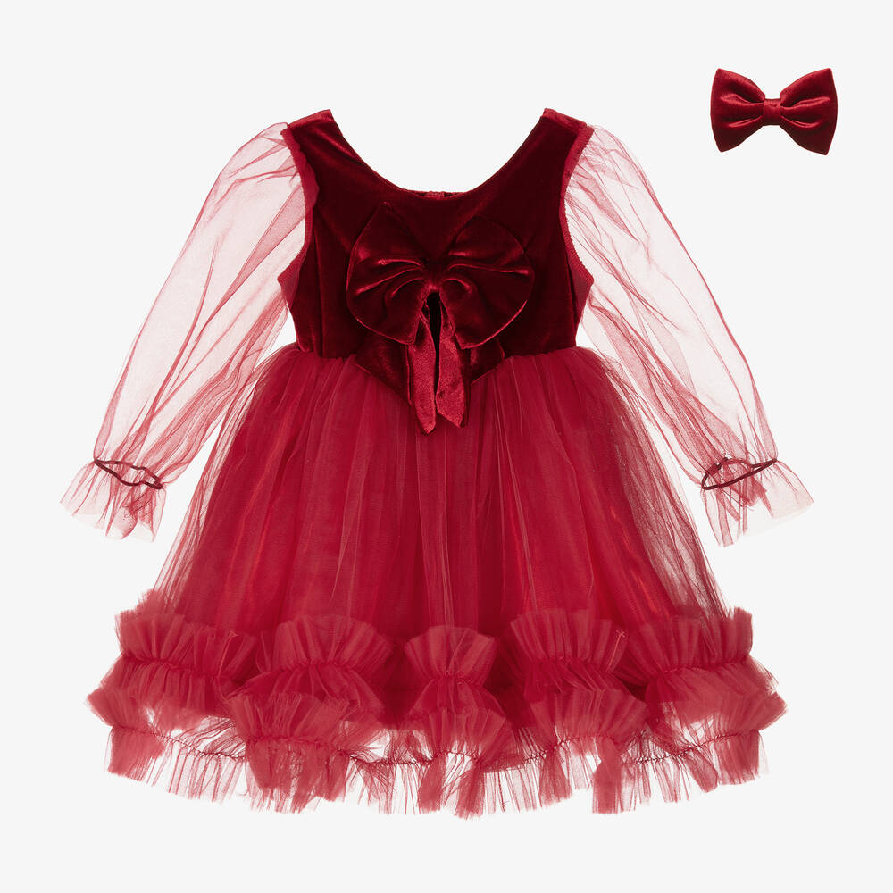 Caramelo Kids - Красное платье из бархата и тюля и заколка | Childrensalon