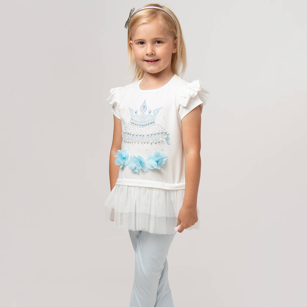 Caramelo Kids - Girls White & Blue Cotton Leggings Set
