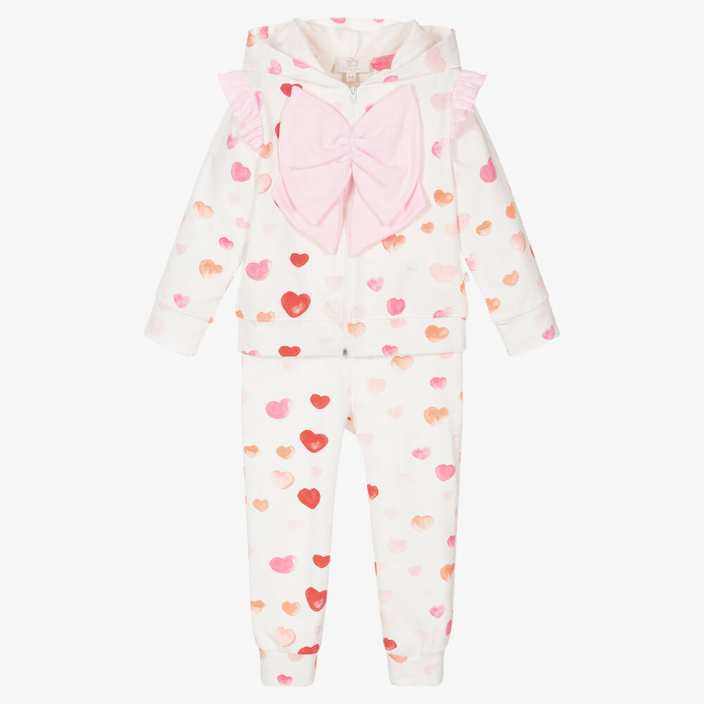 Caramelo Kids - Girls White Cotton Heart Print Tracksuit | Childrensalon