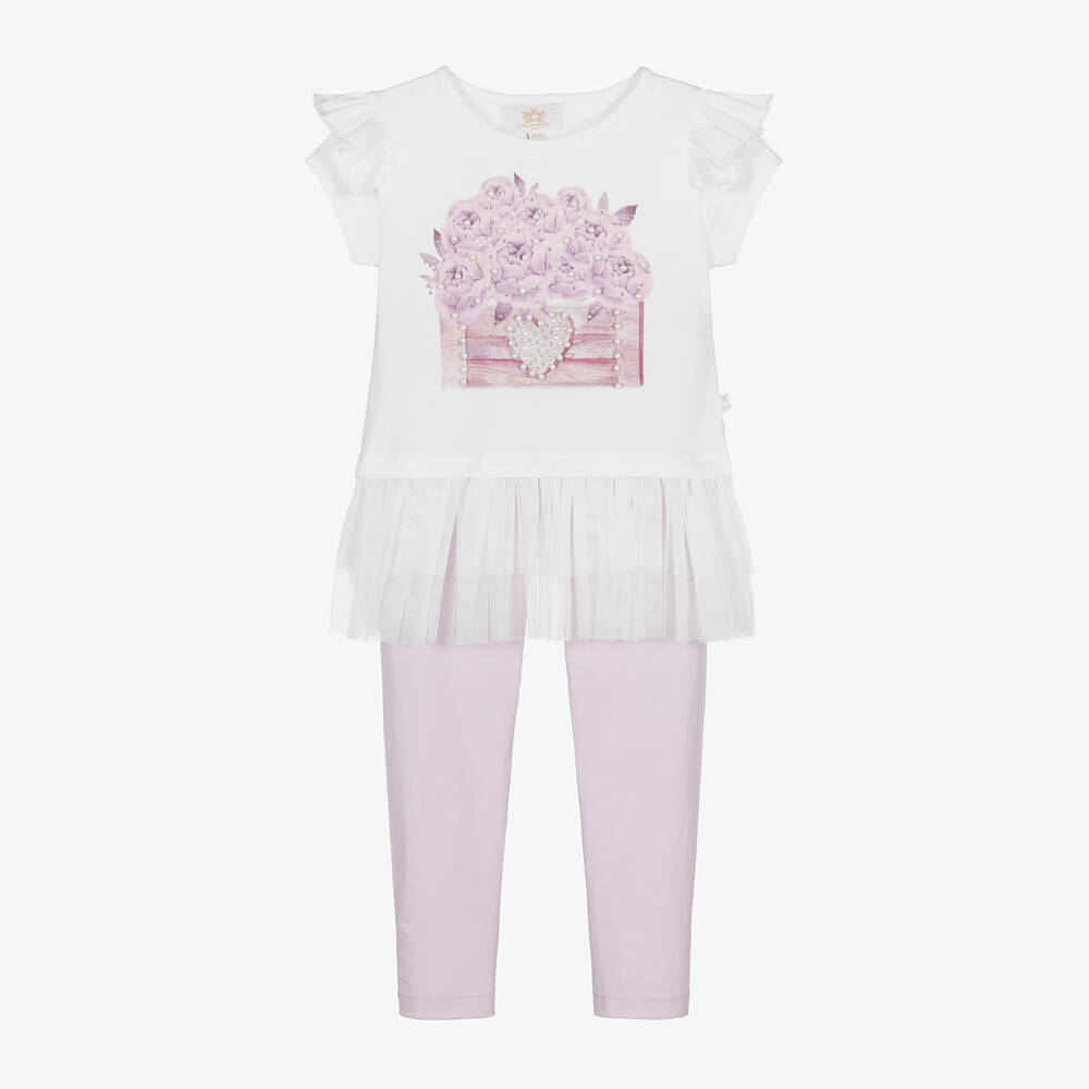 Caramelo Kids - Белая футболка и фиолетовые легинсы из хлопка для девочек | Childrensalon
