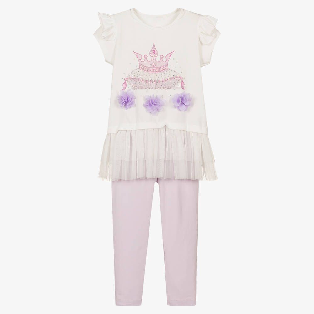 Caramelo Kids - Girls White & Purple Crown Leggings Set | Childrensalon