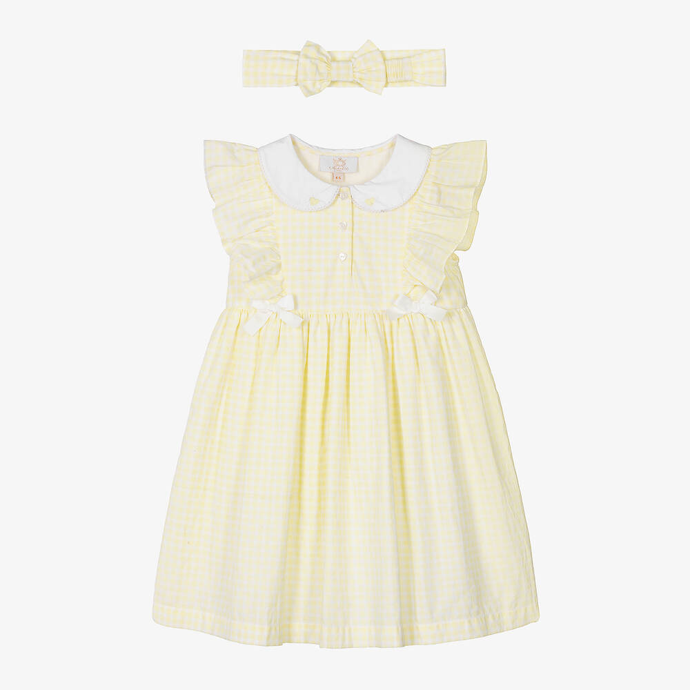 Caramelo Kids - Girls Yellow Cotton Gingham Dress Set | Childrensalon
