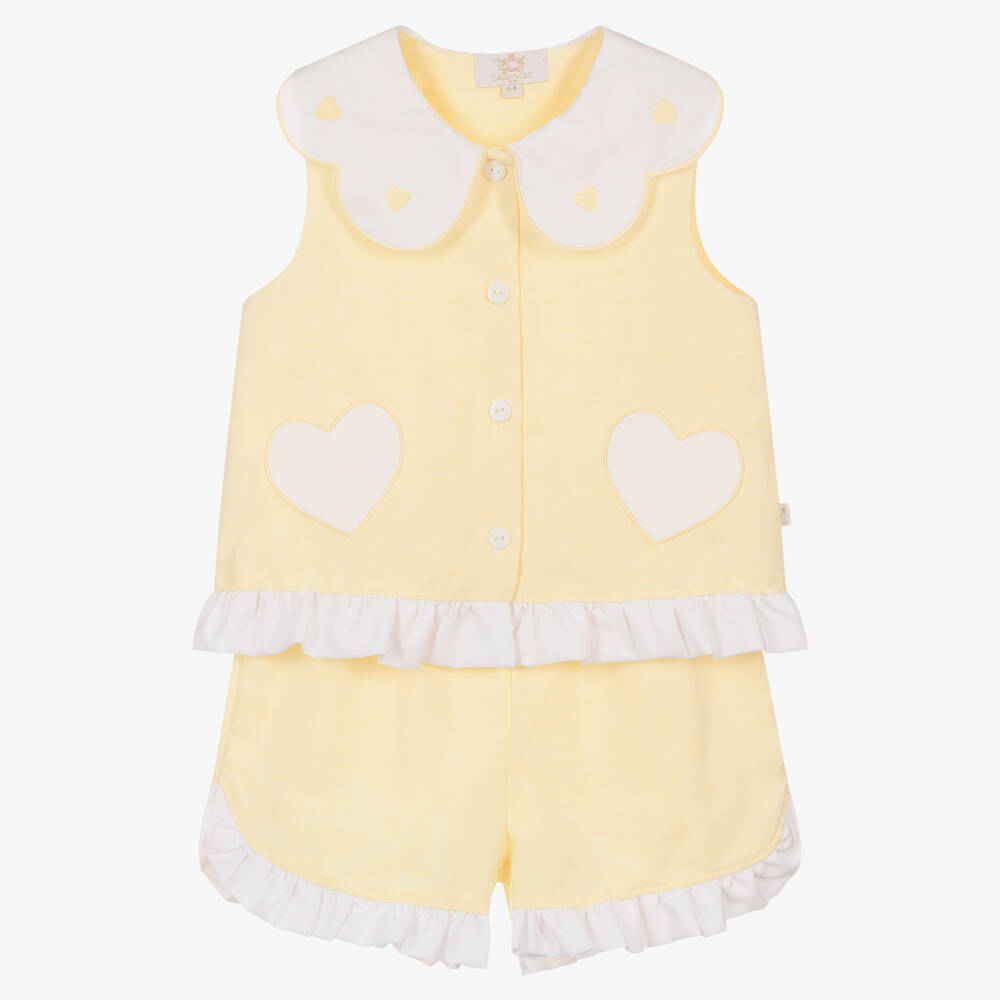 Caramelo Babies' Girls Yellow Cotton & Linen Shorts Set