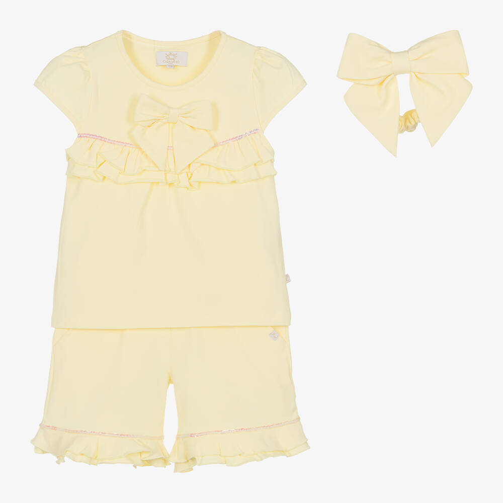 Caramelo Kids - Girls Yellow Cotton Sequin Shorts Set | Childrensalon