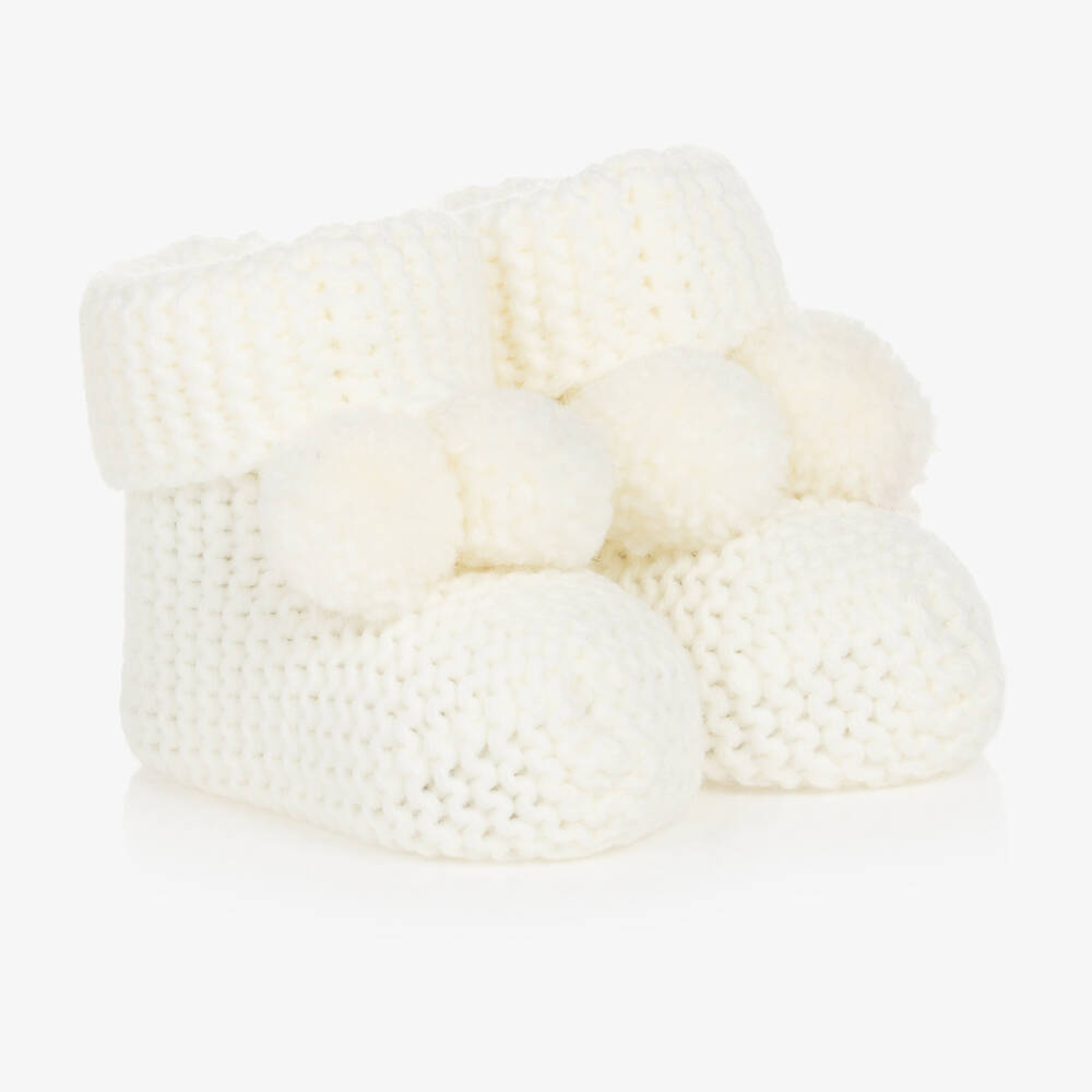 Caramelo Babies' Ivory Knitted Pom-pom Booties In White