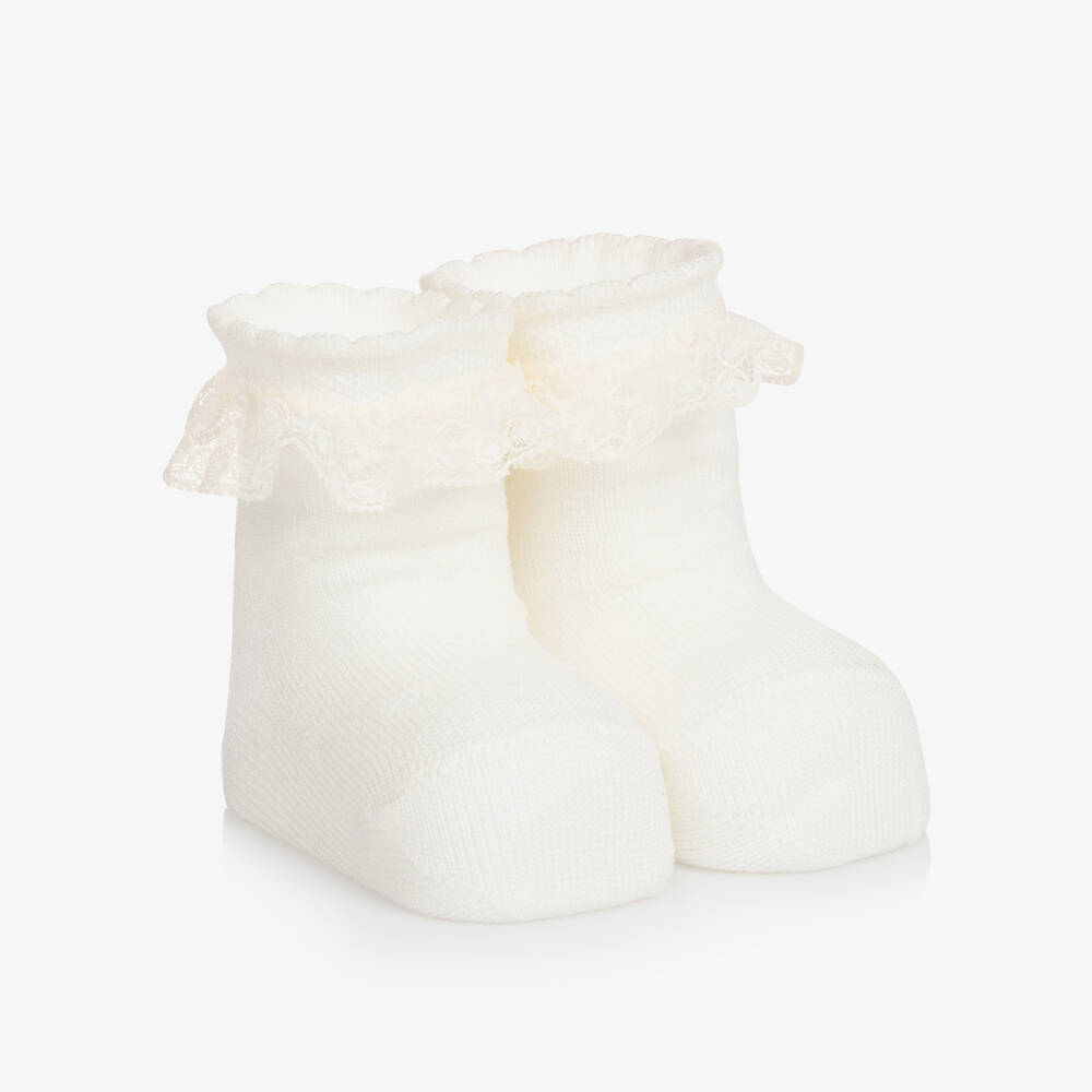 Carlomagno - Baby Girls Ivory Cotton Frilly Socks | Childrensalon