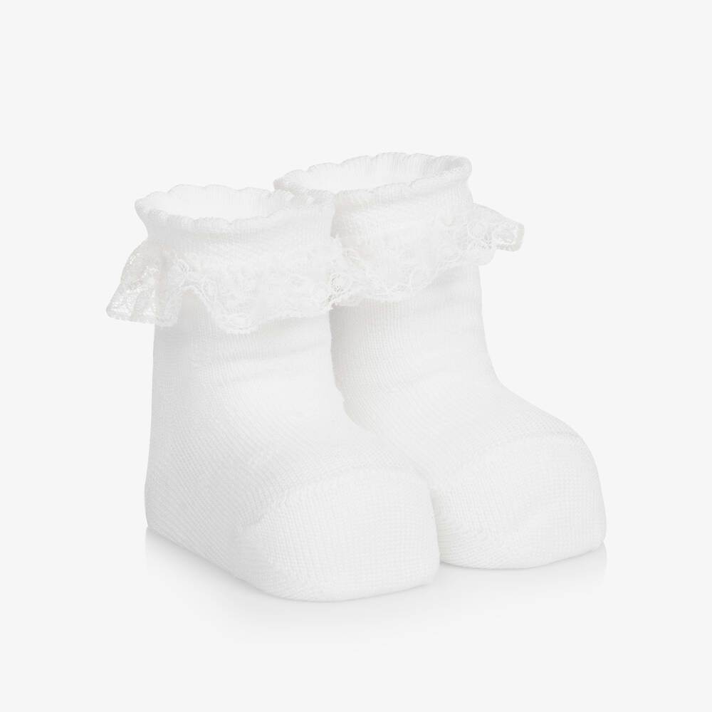 Carlomagno - Baby Girls White Cotton Frilly Socks | Childrensalon