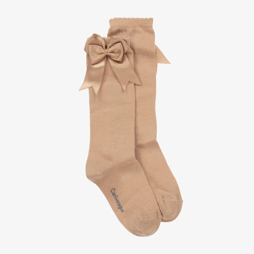 Carlomagno - Girls Beige Cotton Knee Length Socks   | Childrensalon