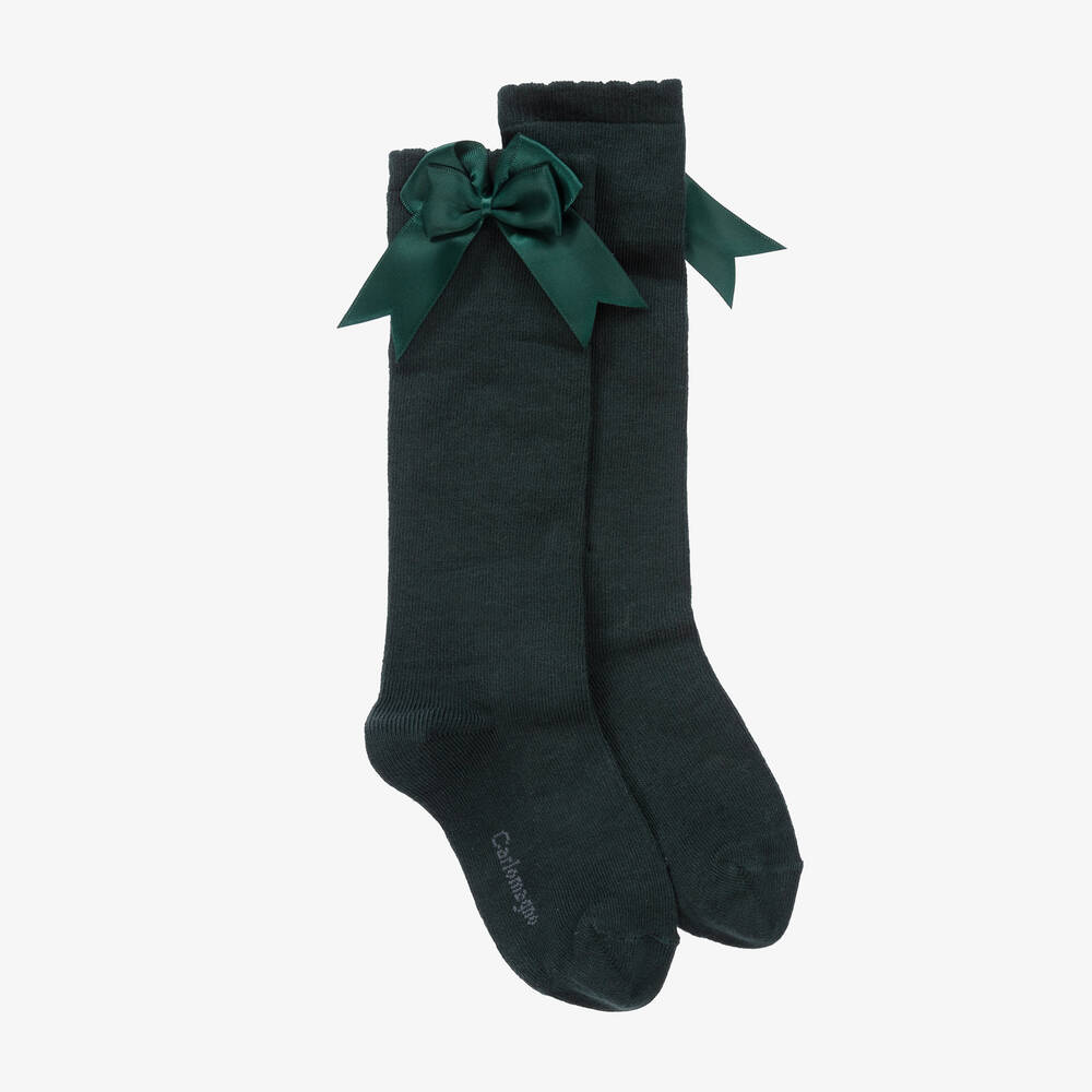 Carlomagno - Girls Green Cotton Knee Length Socks  | Childrensalon
