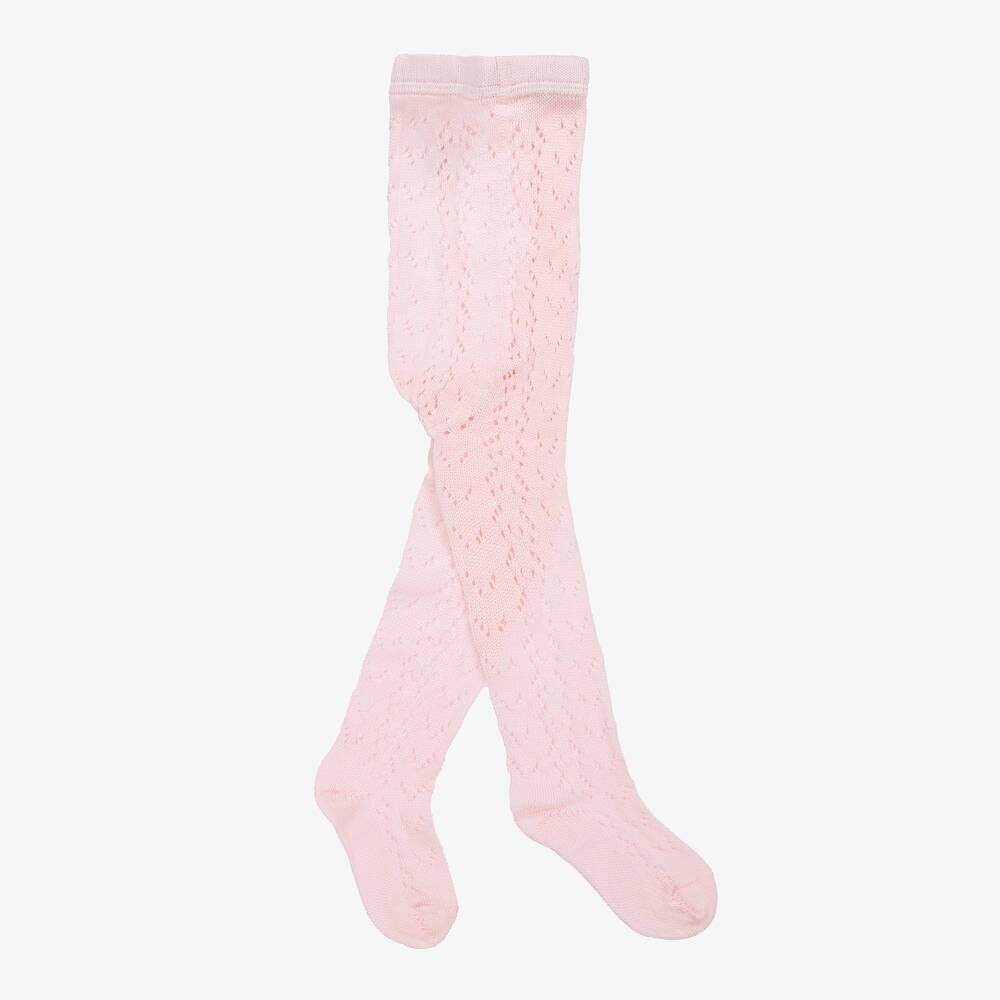 Carlomagno - Girls Pale Pink Cotton Lace Tights | Childrensalon