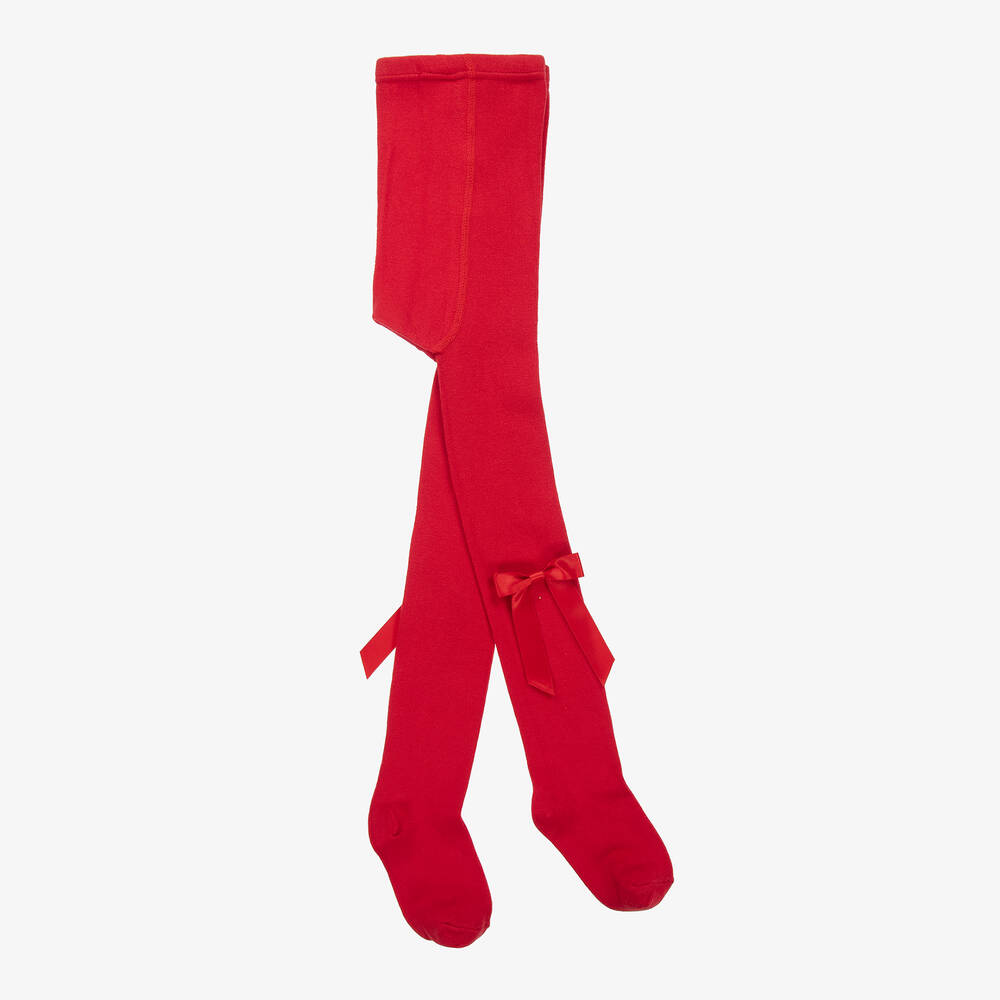 Carlomagno - Collant rouge en coton à noeud pour fille  | Childrensalon