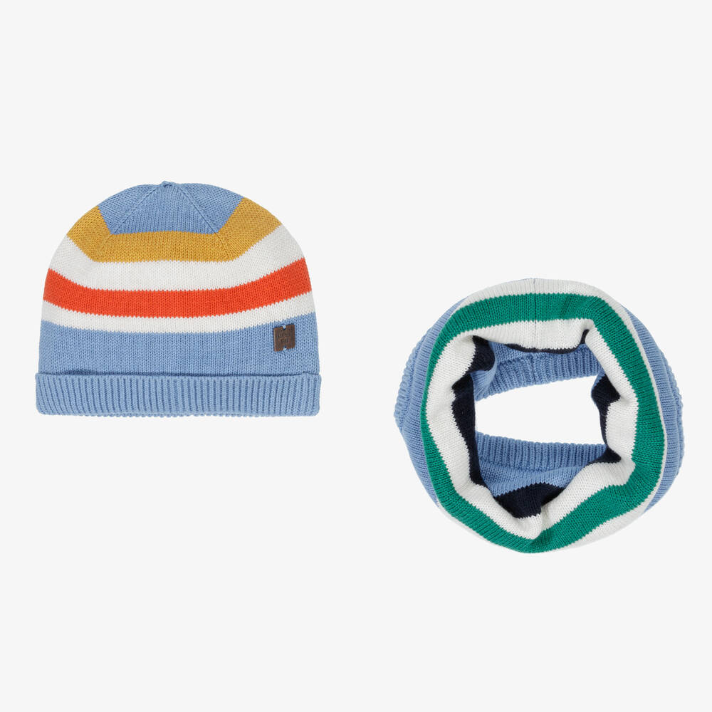 Carrément Beau - Boys Blue Knitted Hat & Scarf Set  | Childrensalon