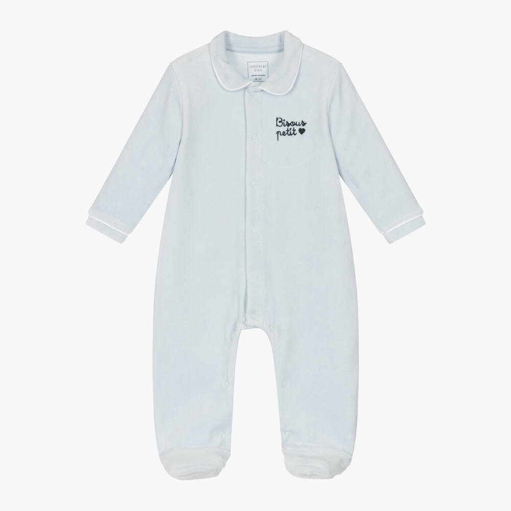 Carrément Beau - Boys Blue Velour Babygrow  | Childrensalon