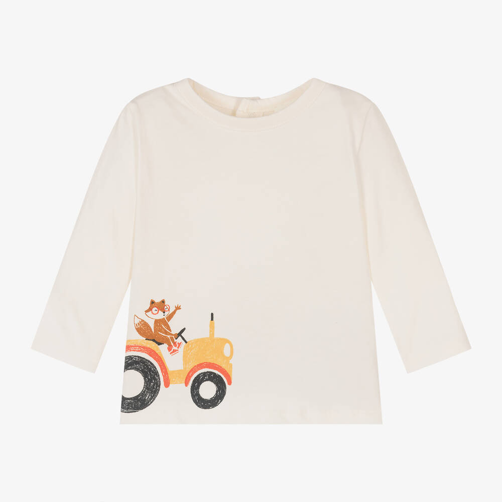 Carrément Beau - Boys Ivory Tractor Print Organic Cotton Top | Childrensalon