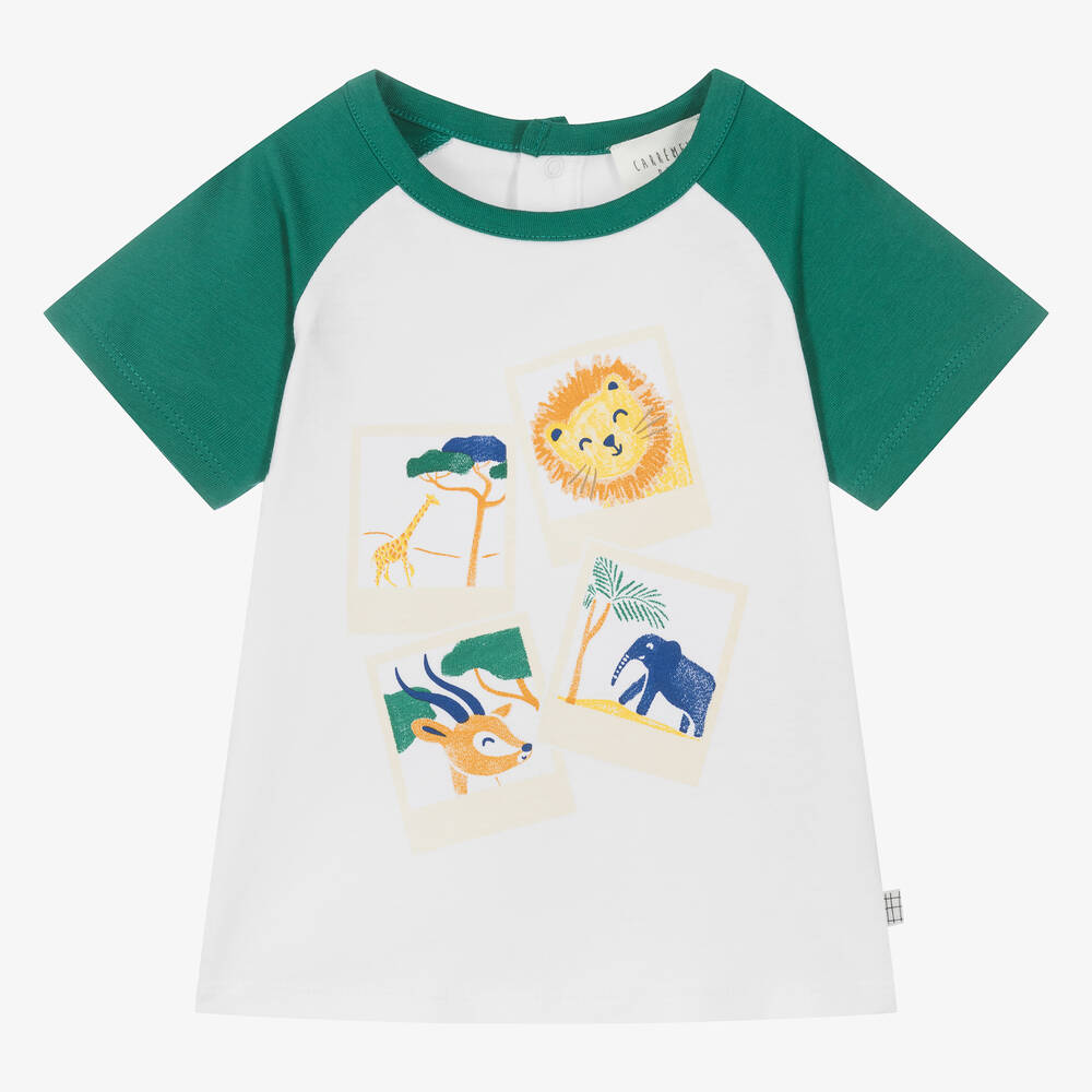 Carrément Beau - Boys White & Green Cotton Safari T-Shirt | Childrensalon