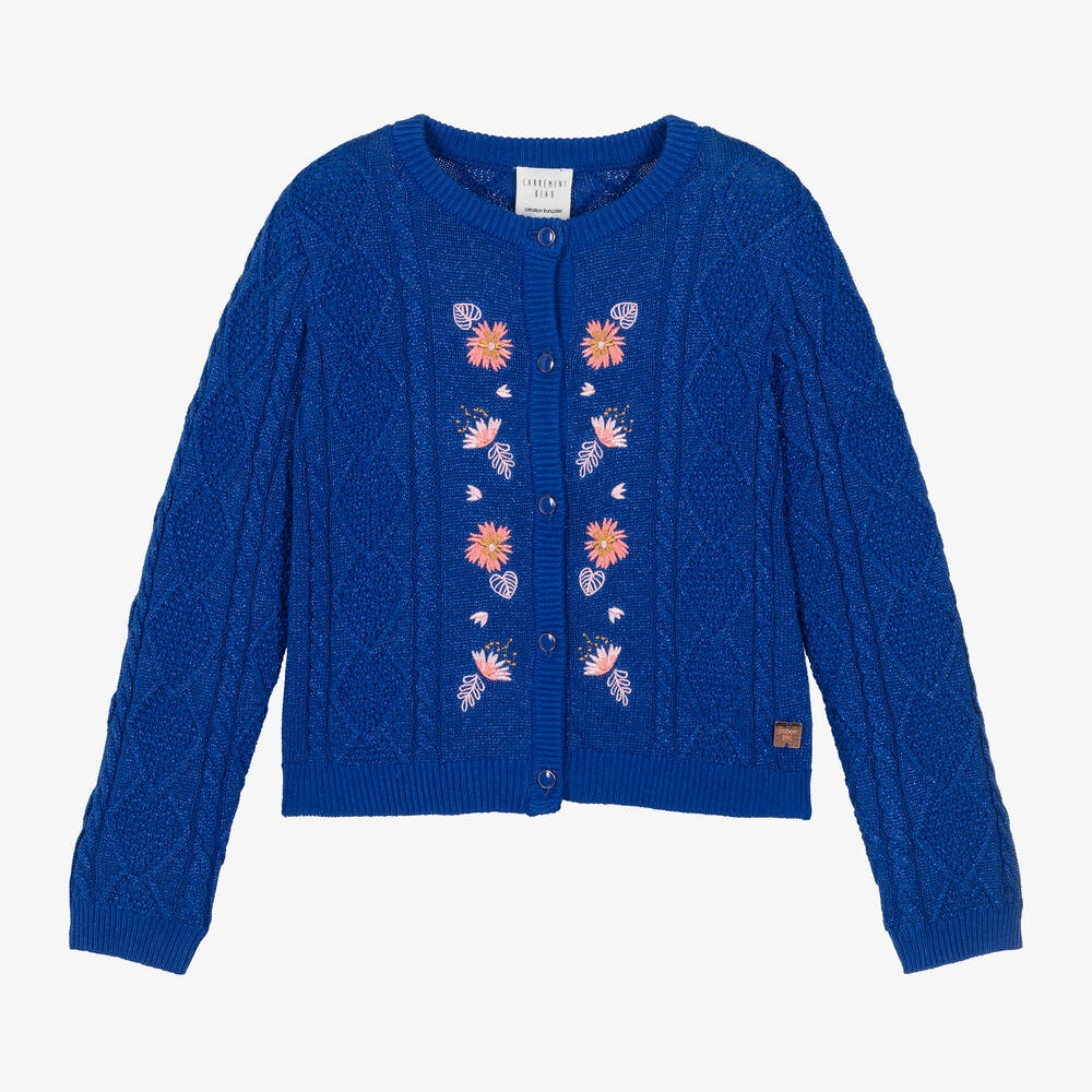 Carrément Beau - Girls Blue Cotton Embroidered Cardigan | Childrensalon