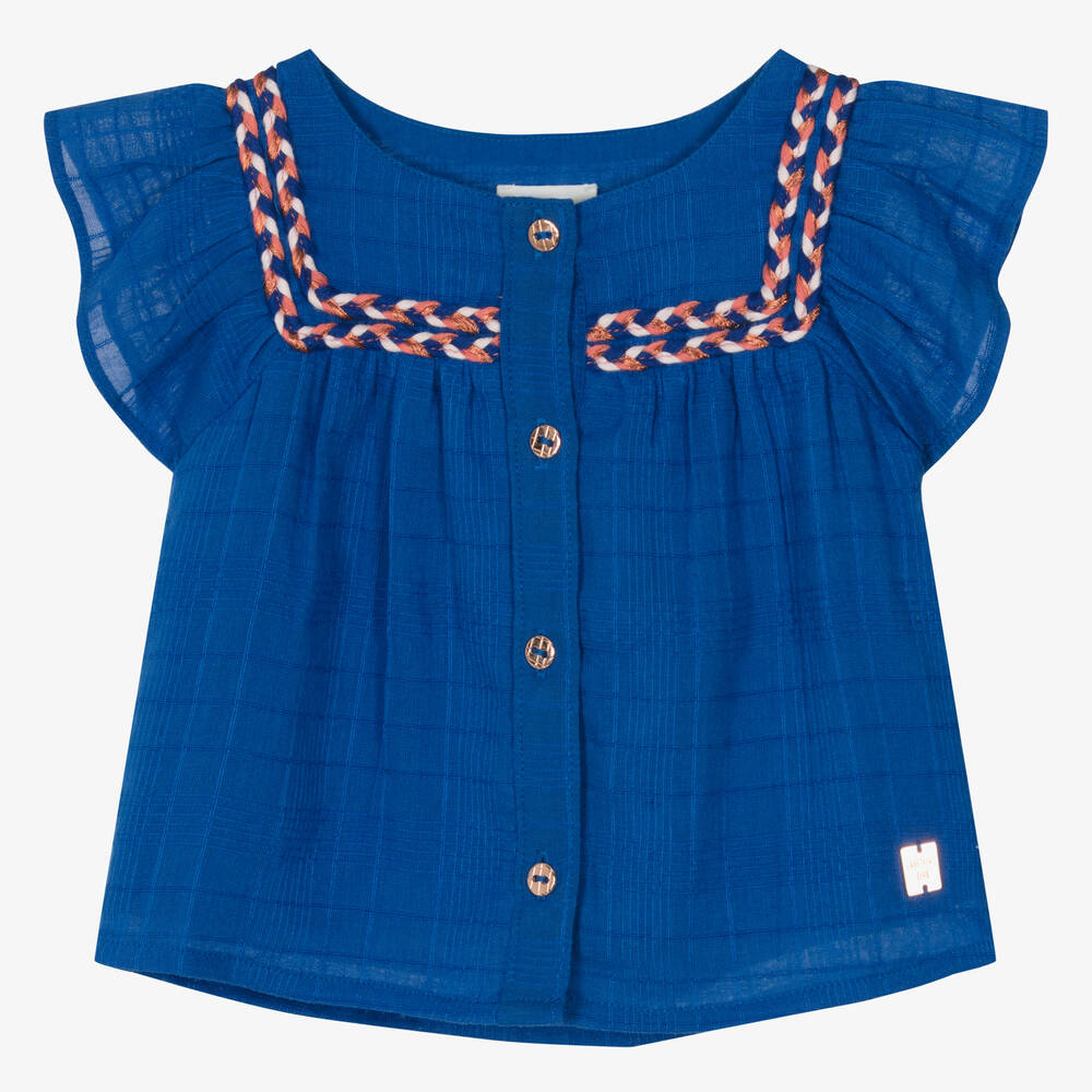 Carrément Beau - Girls Blue Embroidered Cotton Blouse | Childrensalon