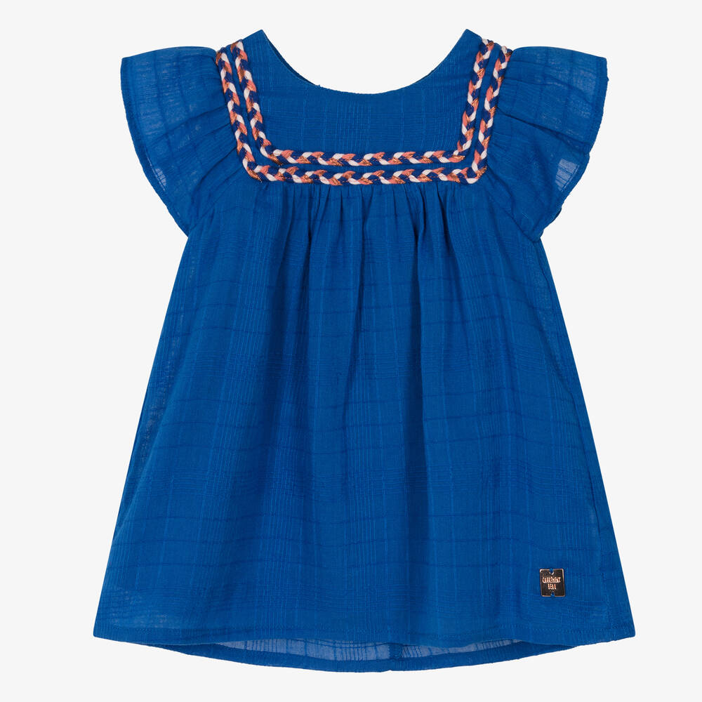 Carrément Beau - Girls Blue Embroidered Cotton Dress | Childrensalon