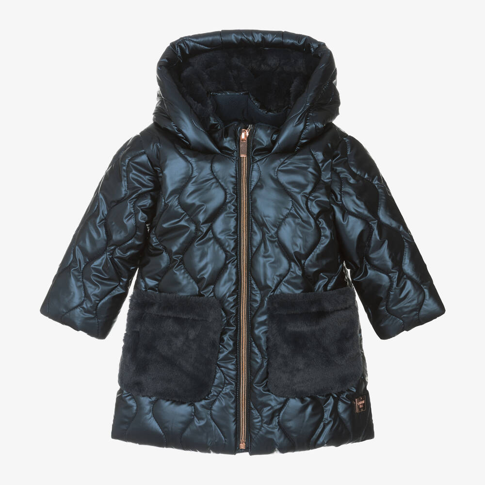 Carrément Beau - Girls Navy Blue Hooded Quilted Coat  | Childrensalon