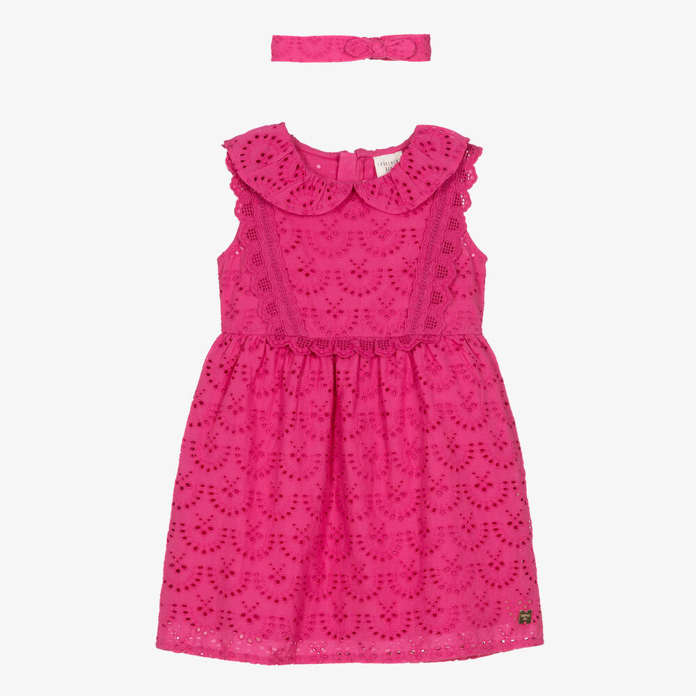 Carrément Beau - Girls Pink Broderie Anglaise Cotton Dress | Childrensalon