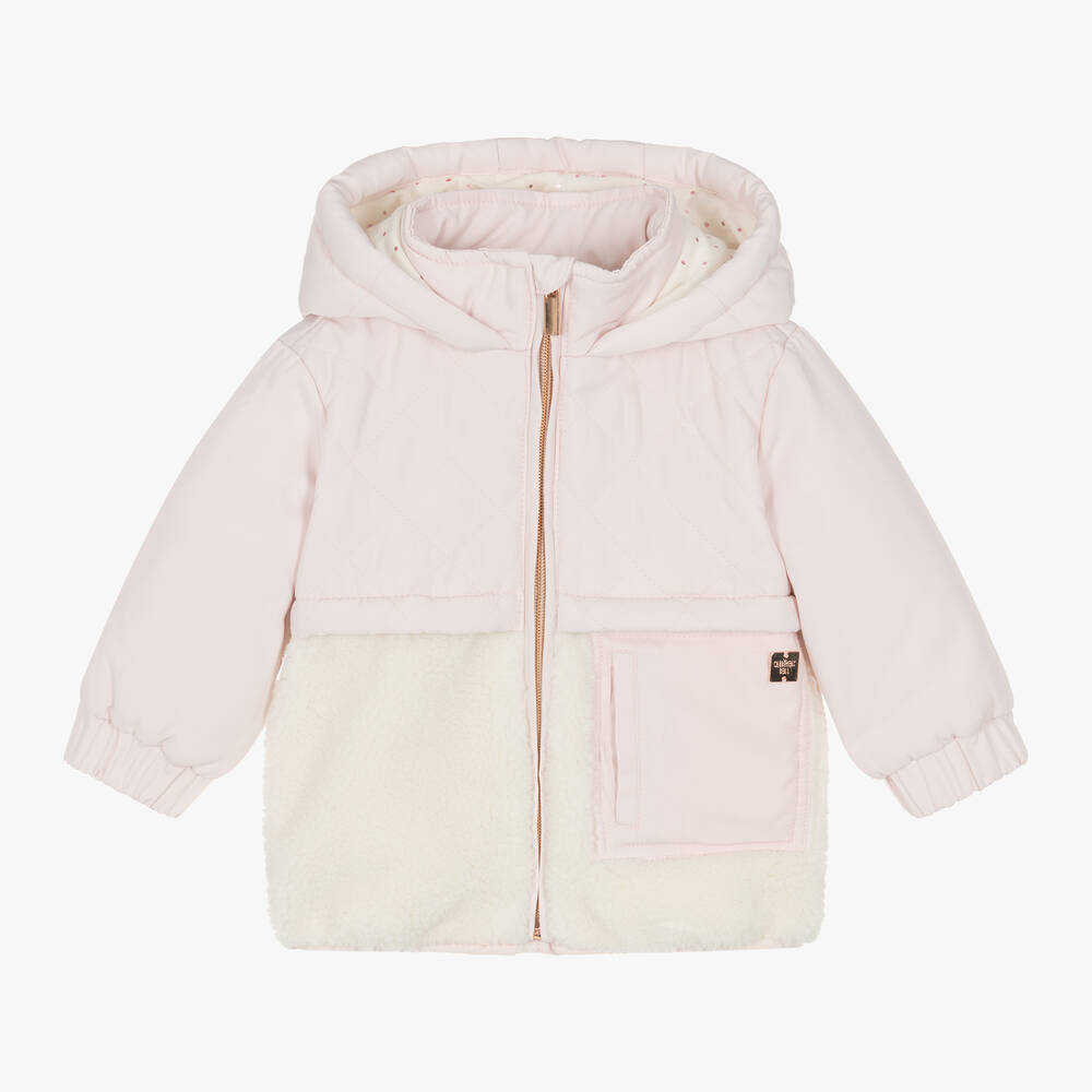 Carrément Beau - Girls Pink Quilted & Ivory Fleece Coat | Childrensalon