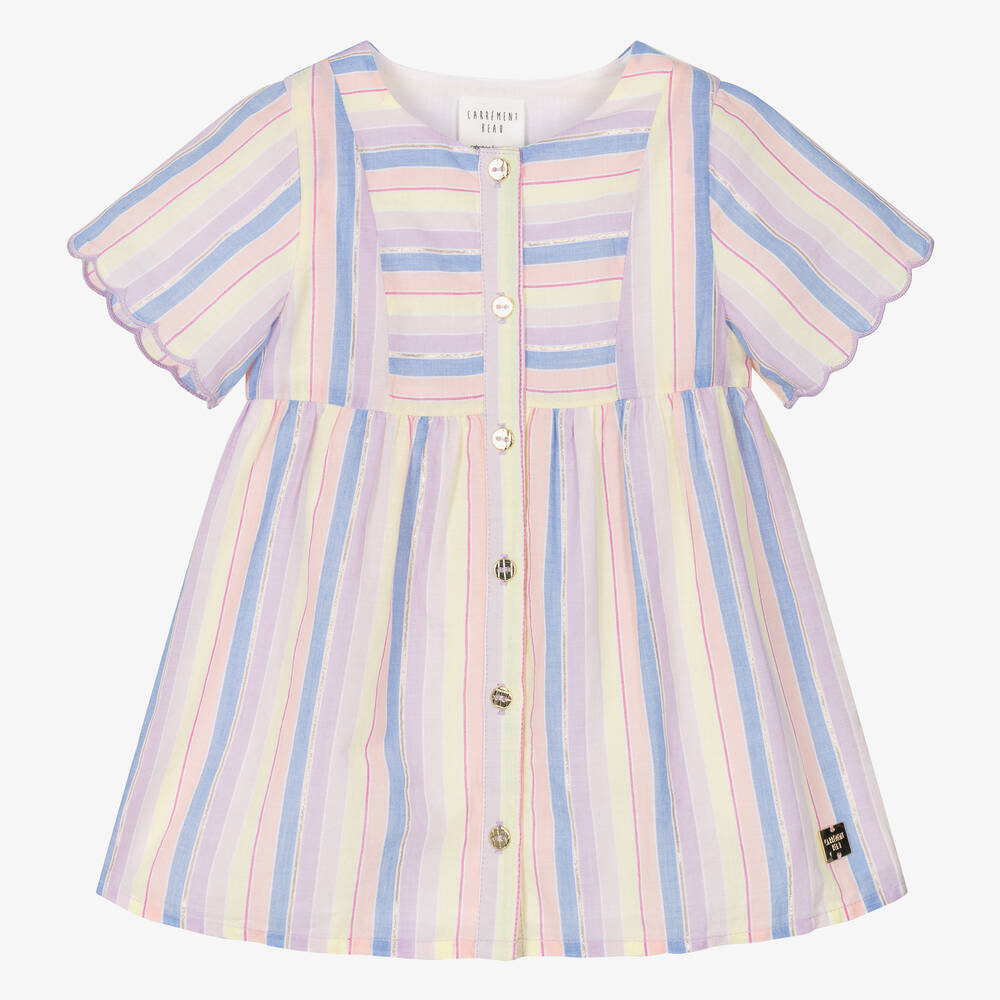 Carrément Beau - Girls Striped Lilac Cotton Dress | Childrensalon