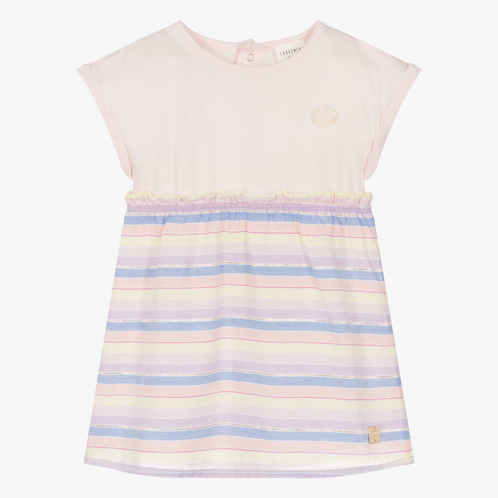 Carrément Beau - Girls Striped Pink Cotton Dress | Childrensalon