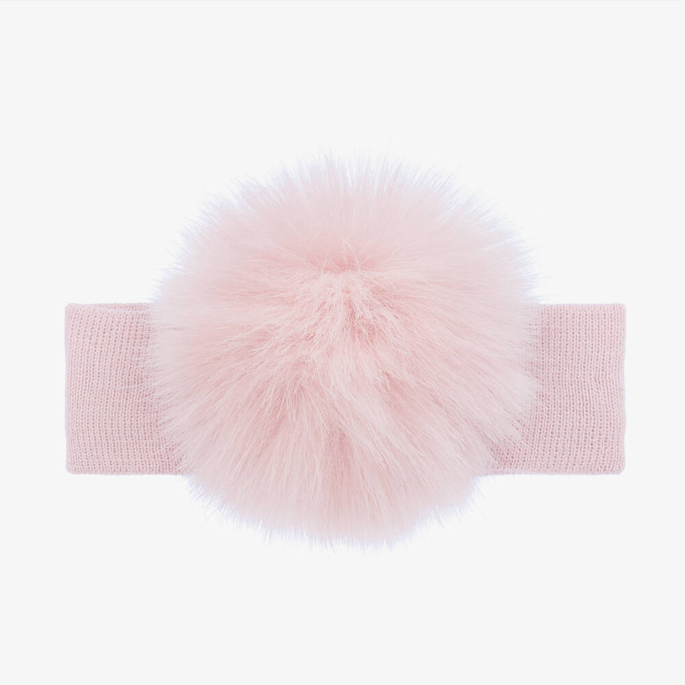 Catya - Baby Girls Pink Wool Knit Pom-Pom Headband | Childrensalon