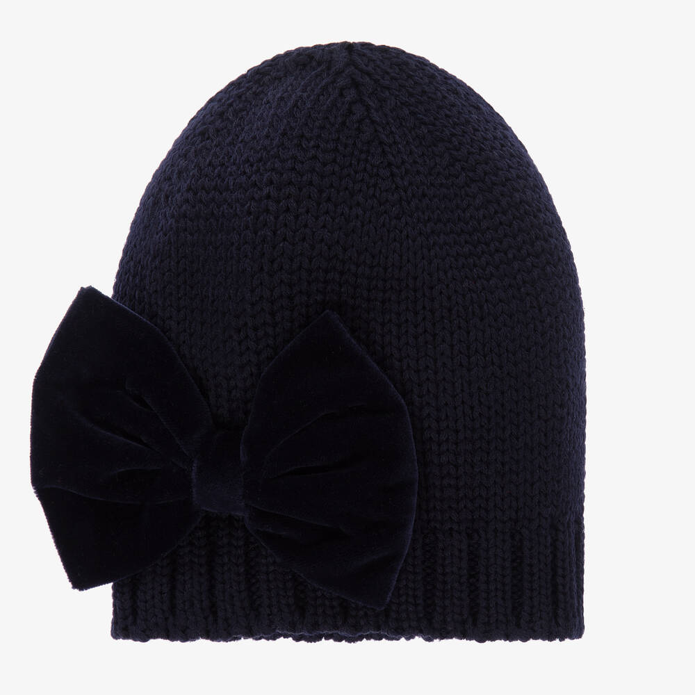 Catya - Blue Knit Velvet Bow Hat | Childrensalon